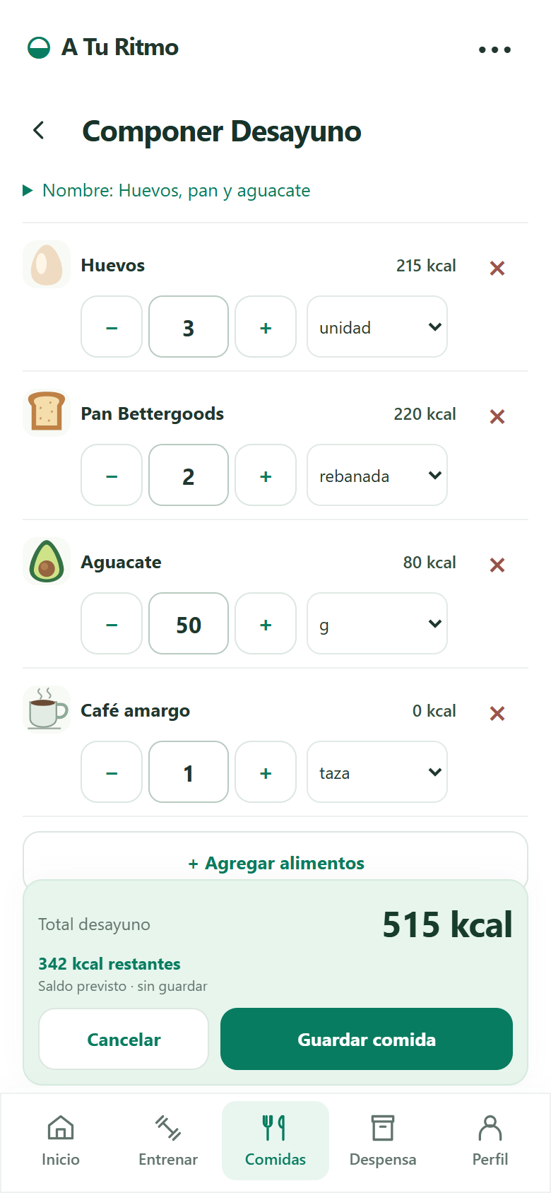 Composición de un desayuno con cantidades y total actualizado